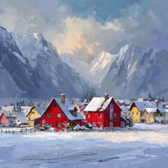 Vibrant Palette Village Amidst Snowy Mountain Majesty Artistic Winter Landscape Painting Style