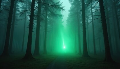 Fototapeta premium Dark spooky forest with path. Green light beam shines through fog. Tall trees stand in mysterious woodland. Nature landscape with supernatural light ray illuminates woods. Eerie glow in fog covers