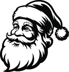 Detailed santa claus head with beard and hat black and white on transparent background silhouette