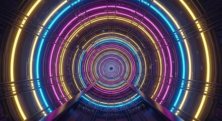 Vibrant Neon Tunnel with Circular Rings of Light in a Futuristic Abstract Background