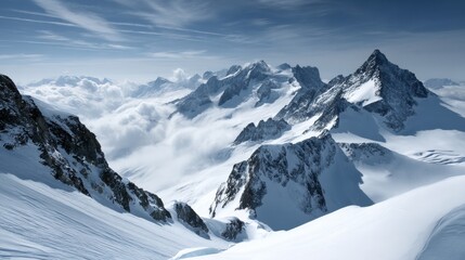 Majestic snow covered mountain peaks piercing through a sea of clouds under a bright sunny sky scenic