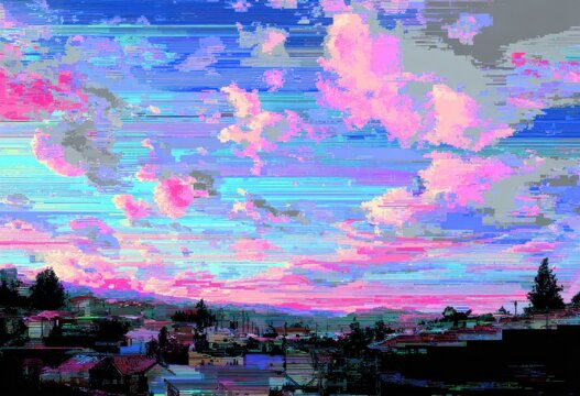 Pixelated sunset over a town