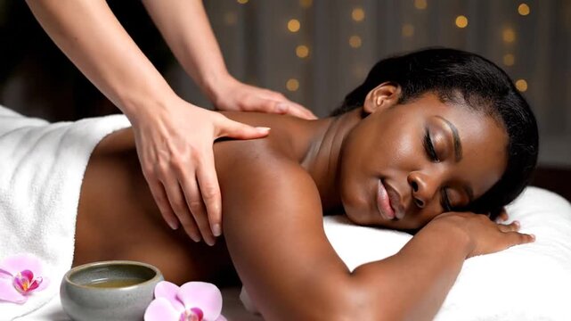 Relaxed Black Woman Receiving Shoulder Massage Therapy at Spa With Orchids and Light String Background Hands Applying Pressure on Shoulders and Back in Calm and Serene Setting