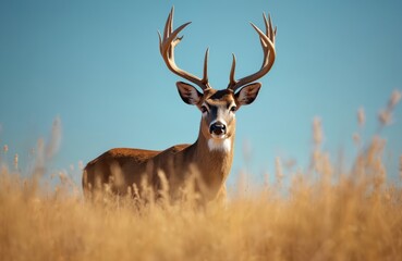Fototapeta premium Majestic white-tailed deer buck with large antlers stands alert in dry golden grass field under clear blue sky. Male cervid grazes peacefully in natural habitat, showcasing wildlife beauty.