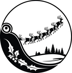 Festive reindeer sleigh and winter landscape design element on transparent background silhouette