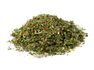 Fototapeta premium pile of dried green tea leaves isolated over the white background