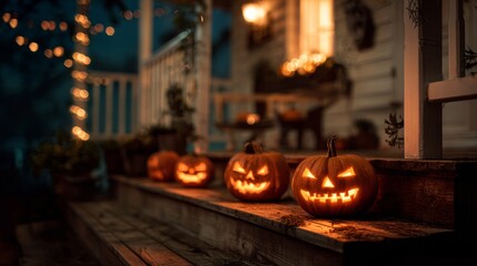 Obraz premium Jack-o-lanterns glowing at night on front porch