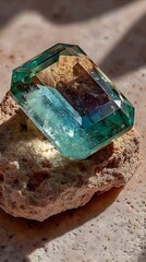 A captivating emerald-cut gemstone with vibrant blue and green hues rests elegantly on a textured, earthy rock surface, illuminated by gentle, warm sunlight.