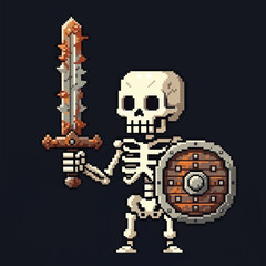 A pixel art illustration of a skeleton warrior holding a spiked sword and a wooden shield against a dark background.