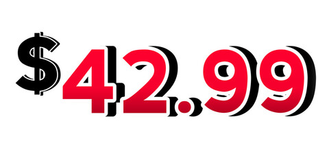 Red price tag $42.99 dollars sign symbol on transparent background. Perfect for advertising, sale banners, product promotion, discount labels, and e-commerce graphics design elements.