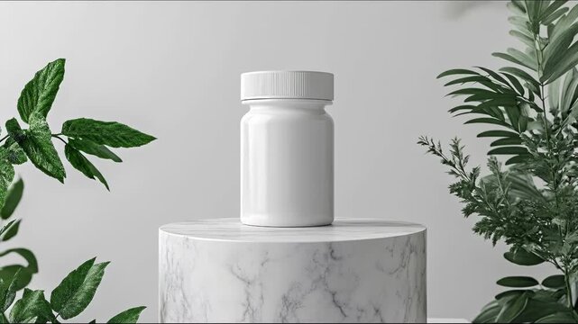 A white unlabeled medicine or supplement bottle on a marble pedestal surrounded by green plants.