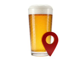 Isolated glass of beer with a red location pin in front of it represents a bar or pub