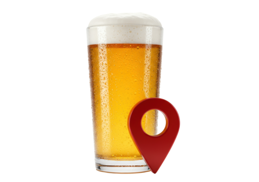 Isolated glass of beer with a red location pin in front of it represents a bar or pub