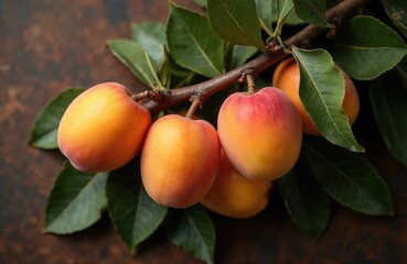 Ripe apricots on tree branch with green leaves closeup. Juicy orange and red fruits grow on branch. Healthy food, organic produce, natural farm harvest.