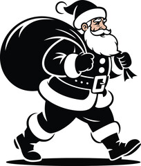 Santa claus walking with a large sack on transparent background silhouette