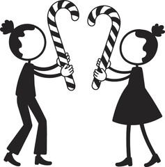 Two stick figures with candy canes celebrate holidays on transparent background silhouette