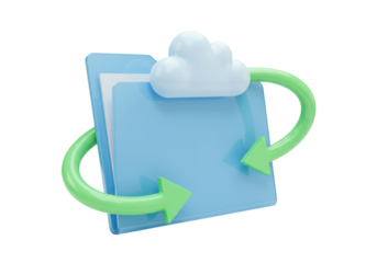 Isolated blue cloud folder with green arrows, representing cloud storage, upload, and download