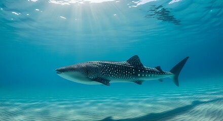 Fototapeta premium Whale Shark Swimming Gracefully Underwater in Tropical Turquoise Water with Sun Rays