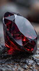 A beautifully cut and polished red garnet gemstone sits delicately on a textured, dark rock, illuminated to show its radiant color and intricate facets.