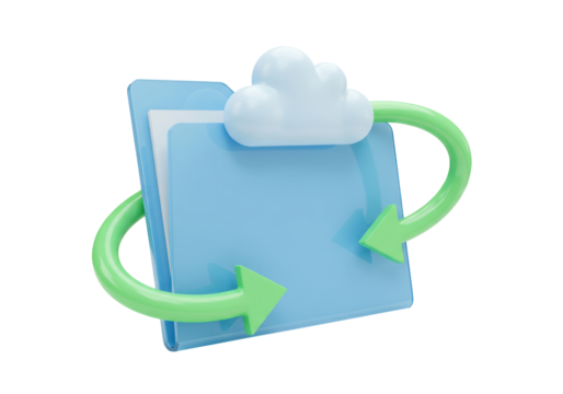 Isolated blue cloud folder with green arrows, representing cloud storage, upload, and download