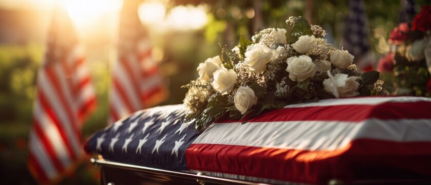 The casket draped in the American flag adorned with white roses.