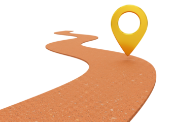 Winding road with golden location pin isolated on transparent background, destination concept for travel and navigation