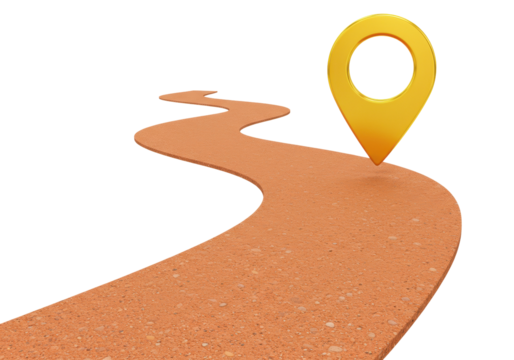 Winding road with golden location pin isolated on transparent background, destination concept for travel and navigation