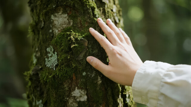 Hand touching tree environmental theme harmony between man and nature background