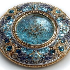 Obraz premium Ornate decorative plate with blue gems and gold trim featuring a central floral design under glass