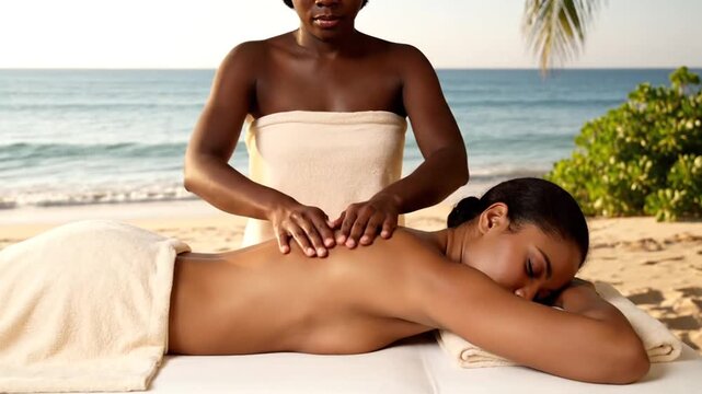 Woman Receiving Shoulder Massage At Beach Spa On Sunny Day With Turquoise Water And Palm Trees Peaceful Relaxation Luxury Treatment Back Massage Therapy In Tropical Setting
