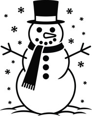 Charming winter snowman illustration with snowflakes and a top hat silhouette on transparent background