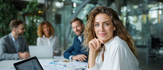 The confident woman smiling in a dynamic modern business meeting setting.