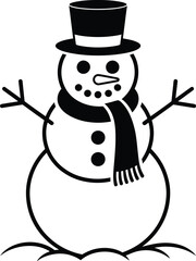 Simple black snowman illustration with hat and scarf on transparent background silhouette