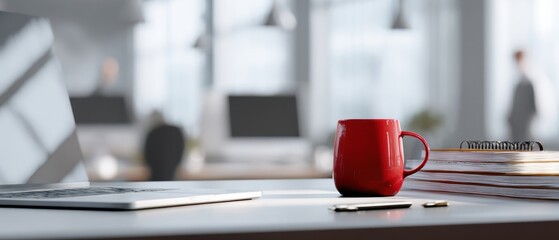 The striking red mug enhances the modern workspace aesthetic.