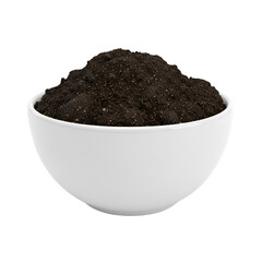 3d icon of a white ceramic bowl filled with dark, rich soil, isolated on transparent background