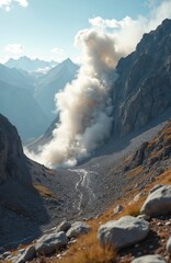 Rockfall in mountains with dust cloud. Stones fall from rocky hill. Landslide in highlands. Landscape of mountain range with dangerous natural disaster. Summer in alps with mountain collapse. Nature
