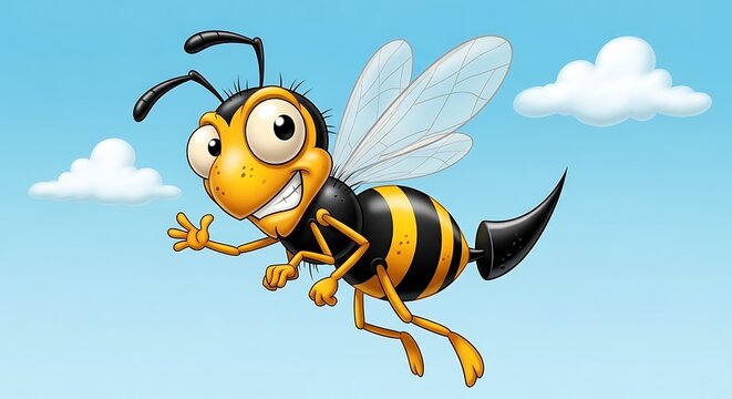 Cartoon Bee Character Flying in Bright Blue Sky with White Clouds