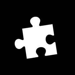 Simple white jigsaw puzzle piece on a black background representing connection and problem solving.