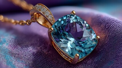 A luxurious gold necklace features a captivating cushion cut gemstone with a blend of blue and violet hues, delicately placed on textured violet silk fabric.