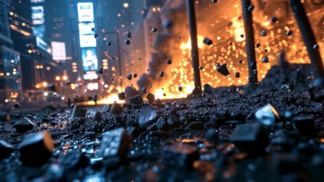 Debris and rubble crushing a 9/11 sign amid urban destruction and fire