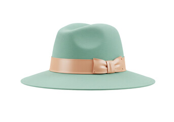 Isolated mint green women's hat with pink ribbon trim and bow, stylish and chic fashion
