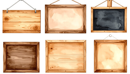 Watercolor set of six rustic wooden signs and frames, including blank mockups and a chalkboard, isolated on black background for design templates, menus, labels, and message board display