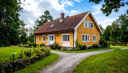 Naklejka premium Yellow house at crossroads