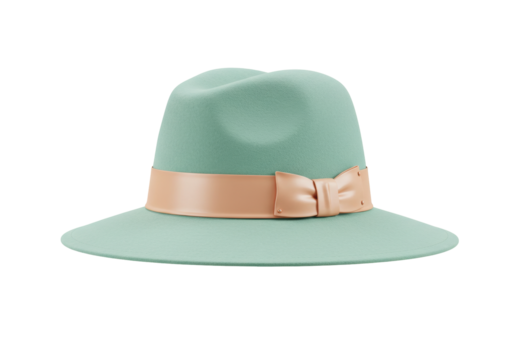 Isolated mint green women's hat with pink ribbon trim and bow, stylish and chic fashion