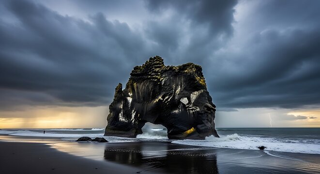 Dramatic Seascape - Hv?tserkur Rock Formation Under Stormy Skies in Iceland.