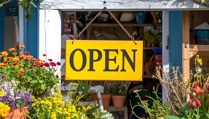 Yellow "Open" sign hangs outside a shop, surrounded by colorful flowers and potted plants