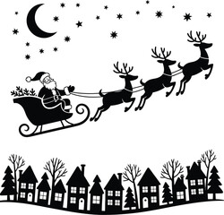 Santa claus and reindeer sleigh flying over a town silhouette on transparent background
