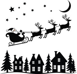 Festive christmas scene with santa reindeer and village silhouette on transparent background