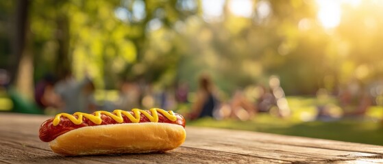 The delicious hotdog on a wooden table in a sunny park setting.