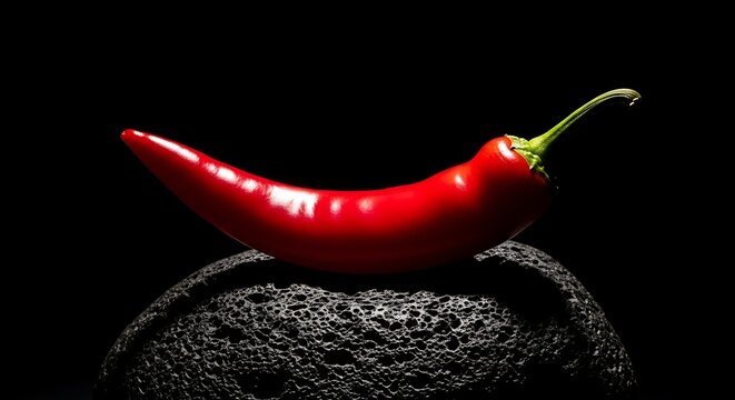 Vibrant Red Chili Pepper Resting on a Textured Dark Stone Surface Against Black Background